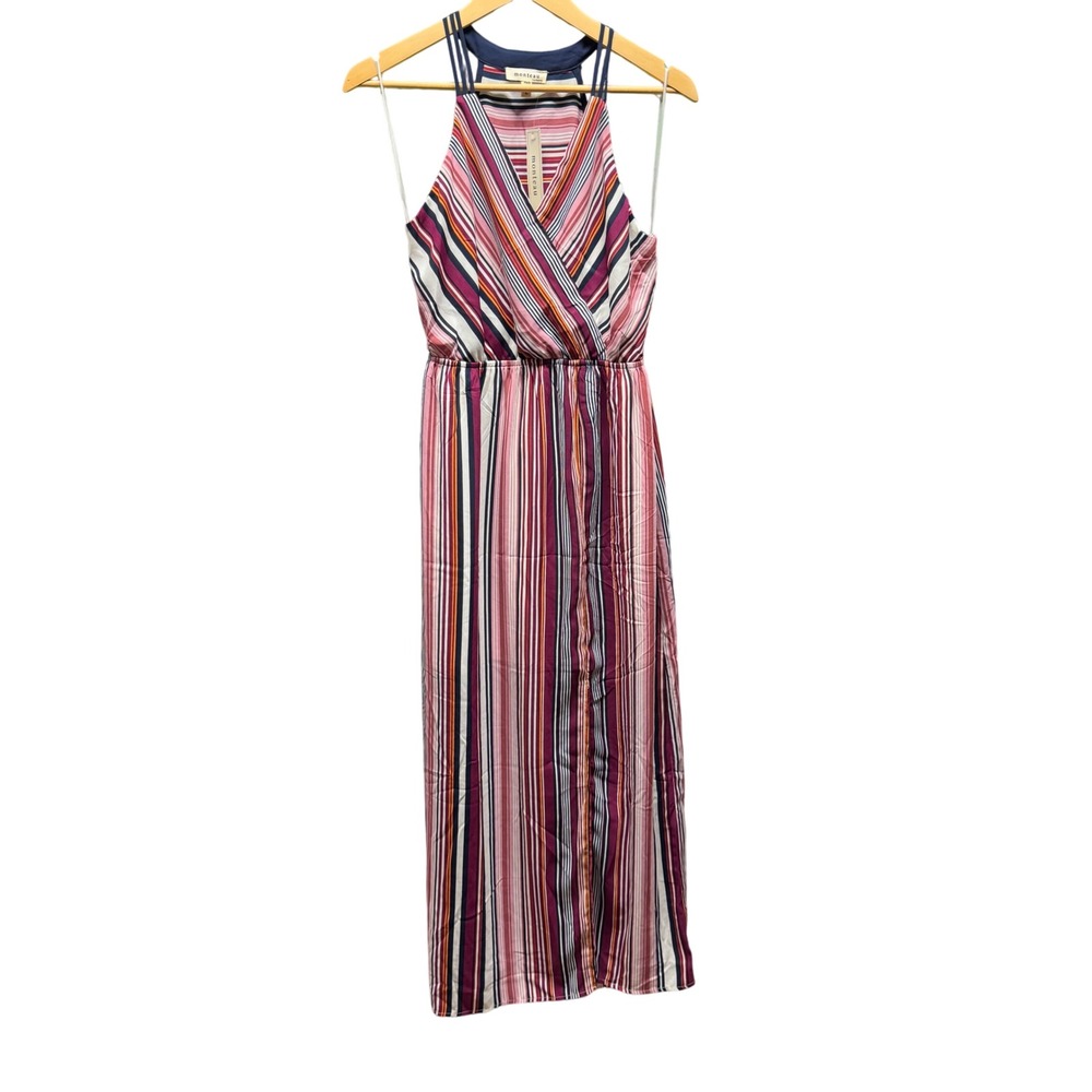 Monteau Los Angeles Womens Striped Halter Maxi Dress Multi-Color Pink Size L NWT